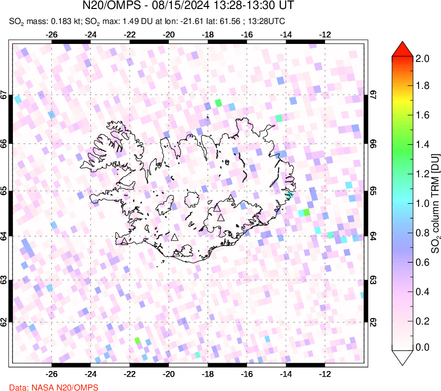 A sulfur dioxide image over Iceland on Aug 15, 2024.