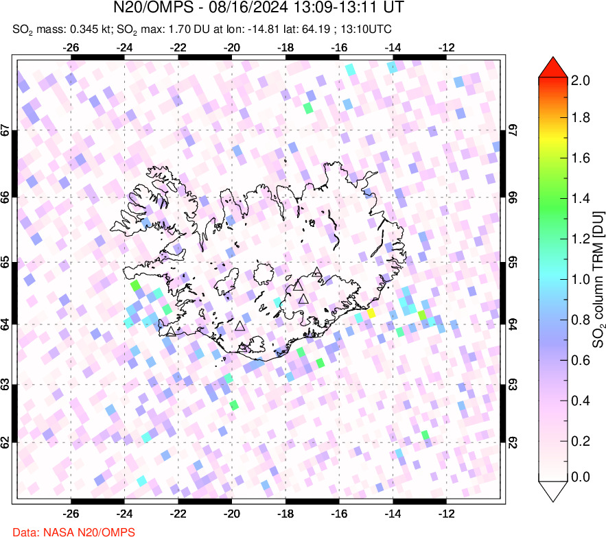 A sulfur dioxide image over Iceland on Aug 16, 2024.