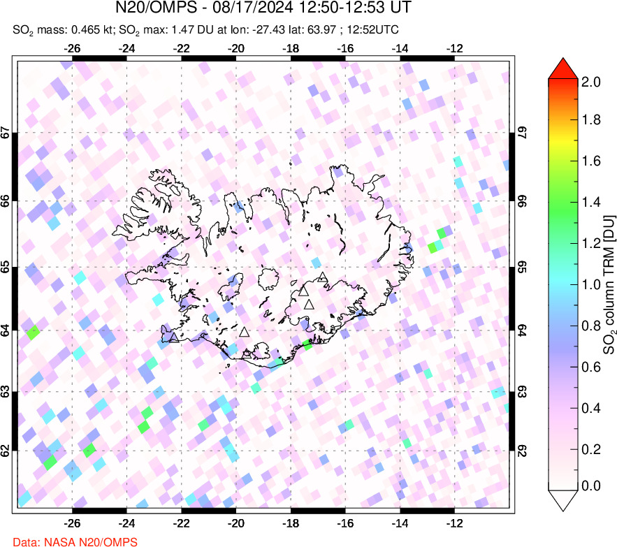 A sulfur dioxide image over Iceland on Aug 17, 2024.