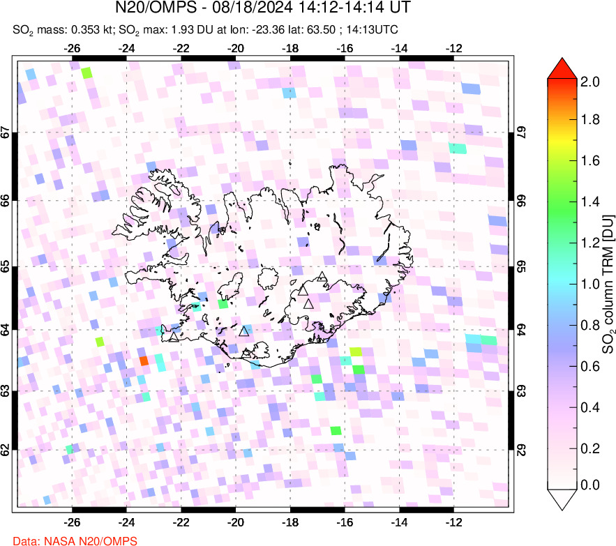 A sulfur dioxide image over Iceland on Aug 18, 2024.