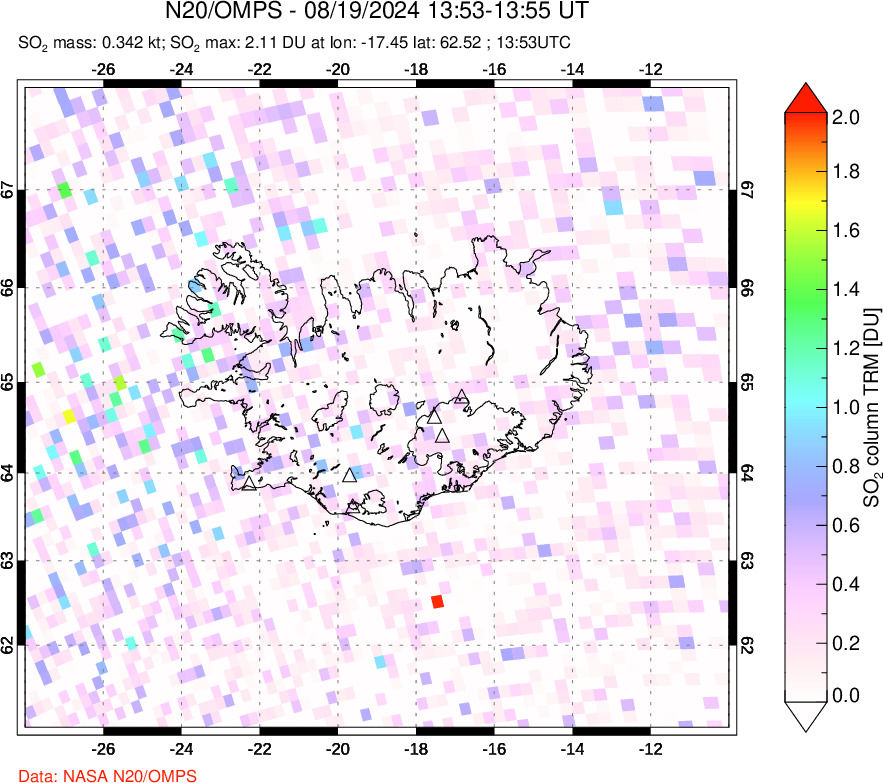 A sulfur dioxide image over Iceland on Aug 19, 2024.