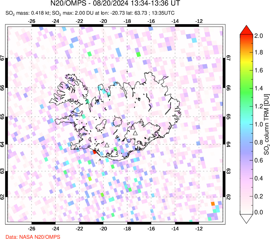 A sulfur dioxide image over Iceland on Aug 20, 2024.