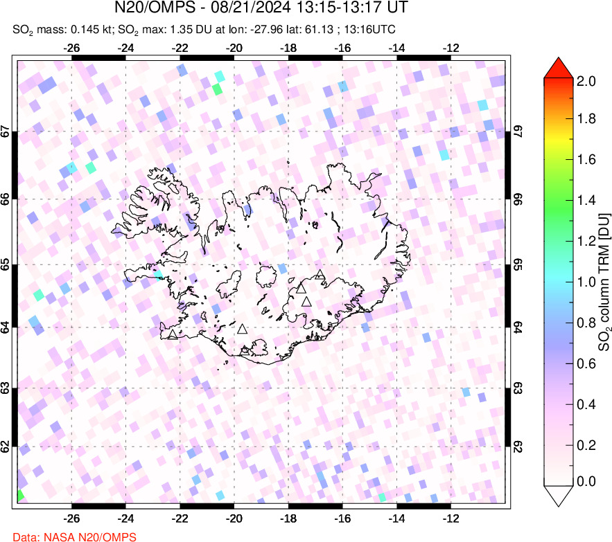 A sulfur dioxide image over Iceland on Aug 21, 2024.