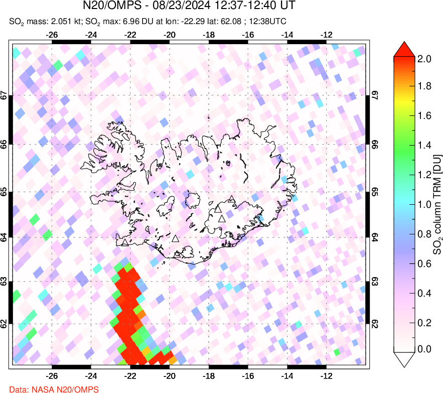 A sulfur dioxide image over Iceland on Aug 23, 2024.