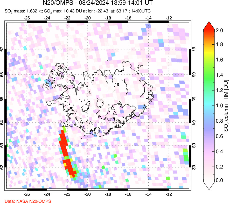 A sulfur dioxide image over Iceland on Aug 24, 2024.