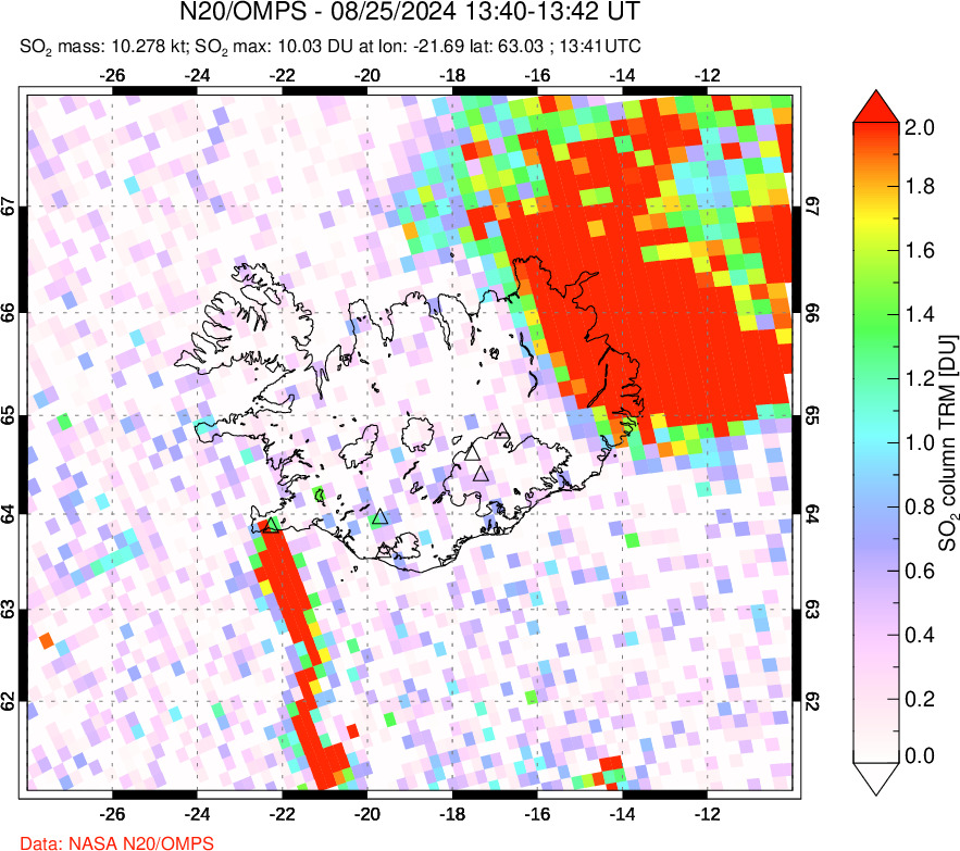 A sulfur dioxide image over Iceland on Aug 25, 2024.