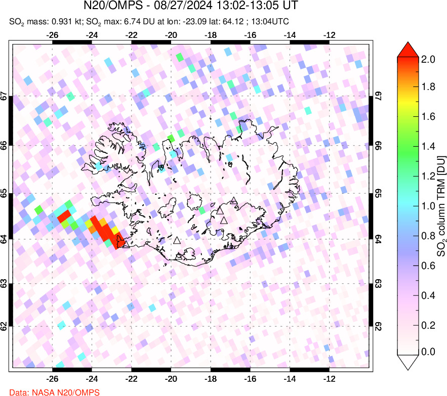 A sulfur dioxide image over Iceland on Aug 27, 2024.