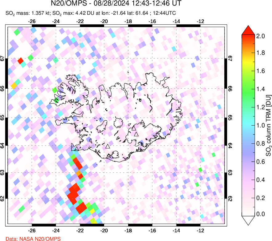 A sulfur dioxide image over Iceland on Aug 28, 2024.