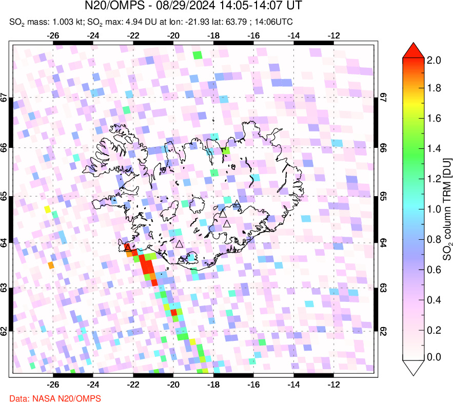 A sulfur dioxide image over Iceland on Aug 29, 2024.