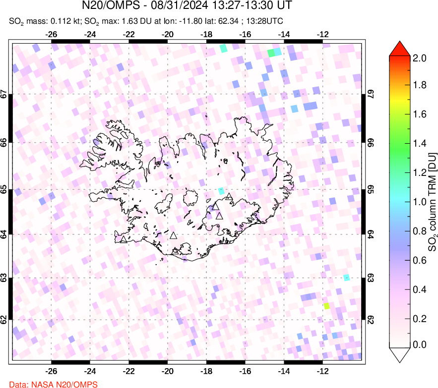 A sulfur dioxide image over Iceland on Aug 31, 2024.