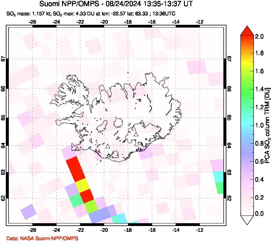 A sulfur dioxide image over Iceland on Aug 24, 2024.