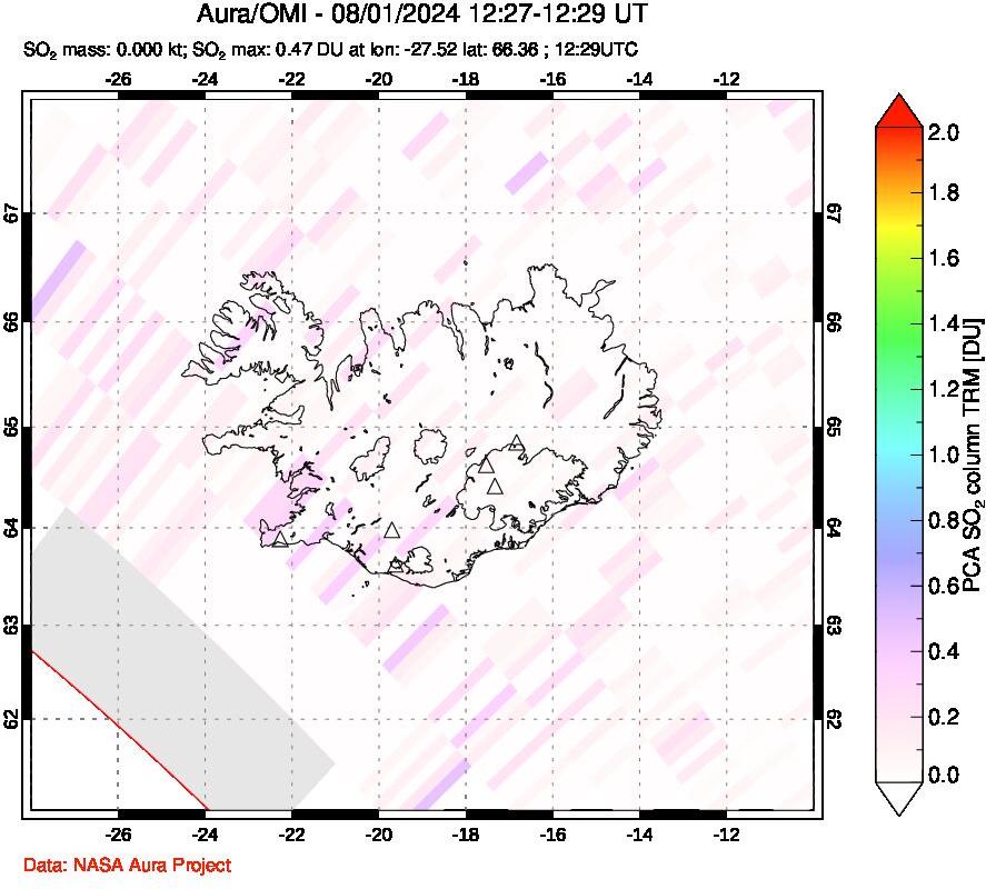 A sulfur dioxide image over Iceland on Aug 01, 2024.