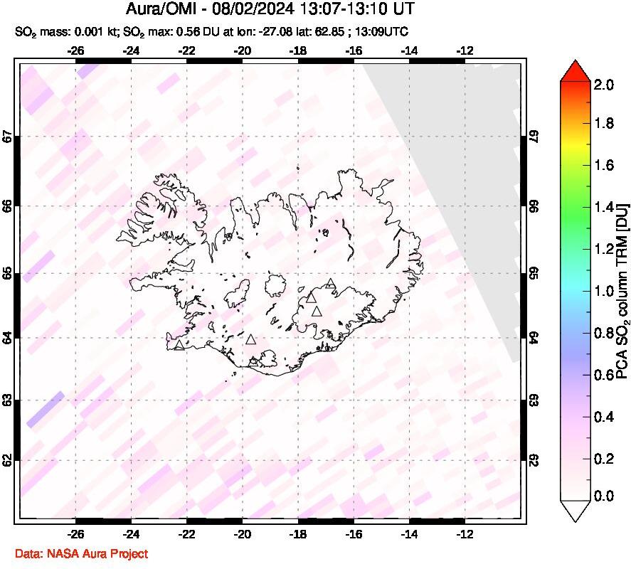 A sulfur dioxide image over Iceland on Aug 02, 2024.