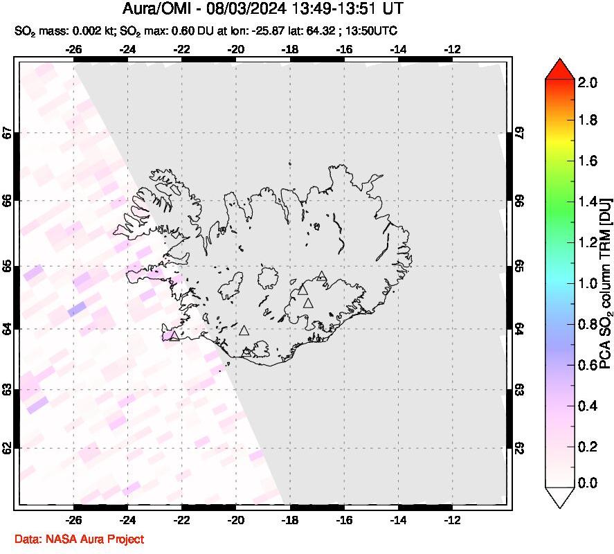 A sulfur dioxide image over Iceland on Aug 03, 2024.