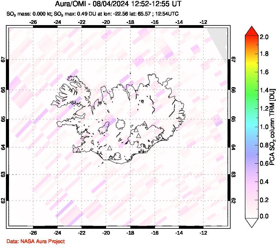 A sulfur dioxide image over Iceland on Aug 04, 2024.