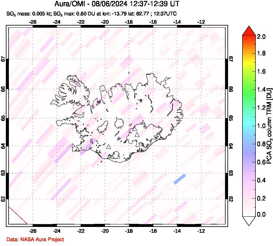 A sulfur dioxide image over Iceland on Aug 06, 2024.