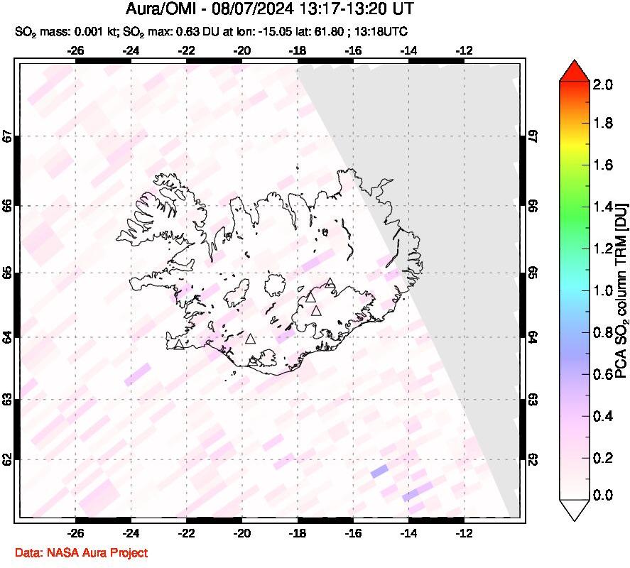 A sulfur dioxide image over Iceland on Aug 07, 2024.