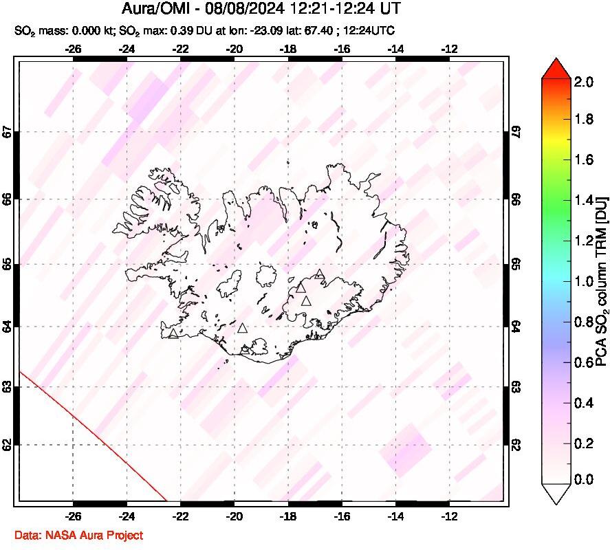 A sulfur dioxide image over Iceland on Aug 08, 2024.