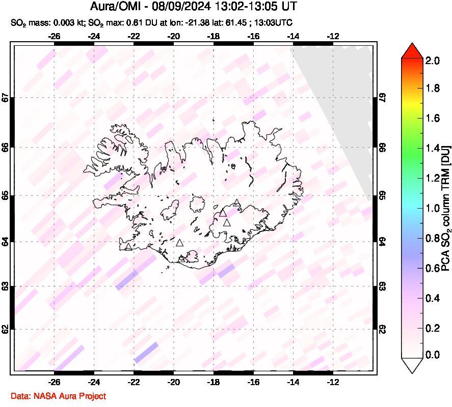 A sulfur dioxide image over Iceland on Aug 09, 2024.