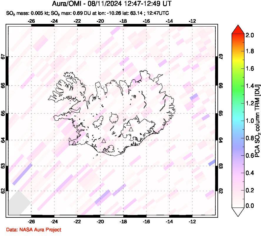 A sulfur dioxide image over Iceland on Aug 11, 2024.