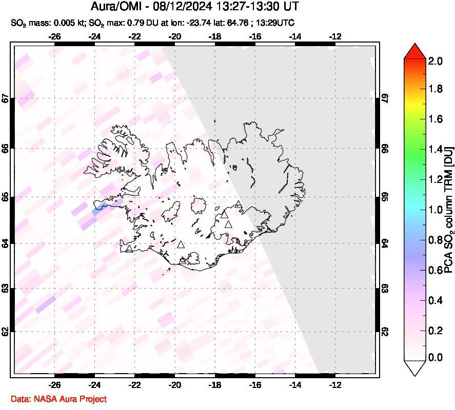 A sulfur dioxide image over Iceland on Aug 12, 2024.