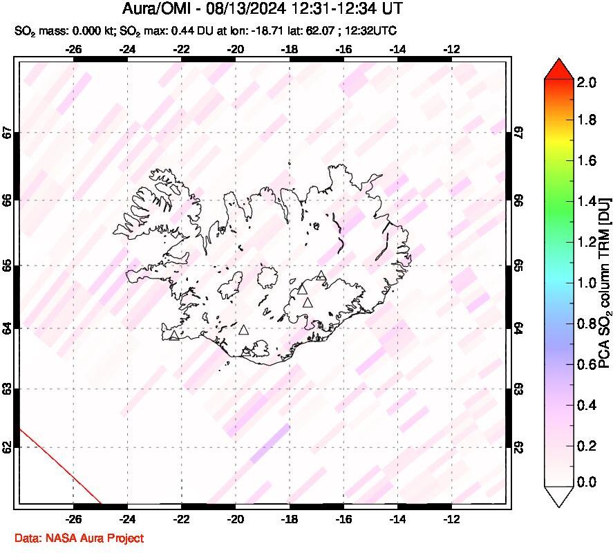 A sulfur dioxide image over Iceland on Aug 13, 2024.