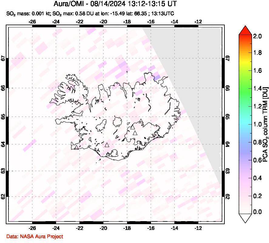 A sulfur dioxide image over Iceland on Aug 14, 2024.