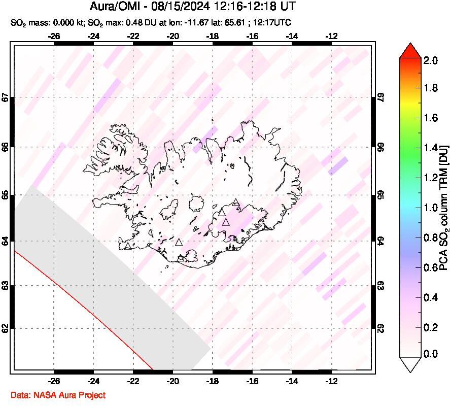 A sulfur dioxide image over Iceland on Aug 15, 2024.