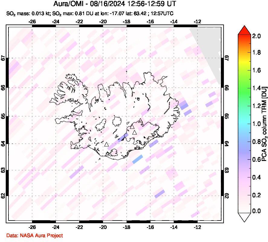 A sulfur dioxide image over Iceland on Aug 16, 2024.