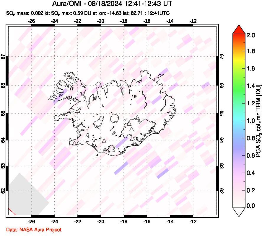 A sulfur dioxide image over Iceland on Aug 18, 2024.