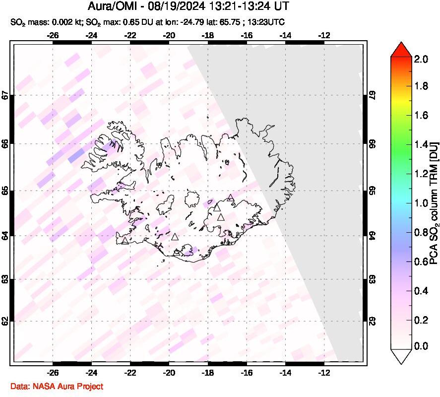 A sulfur dioxide image over Iceland on Aug 19, 2024.