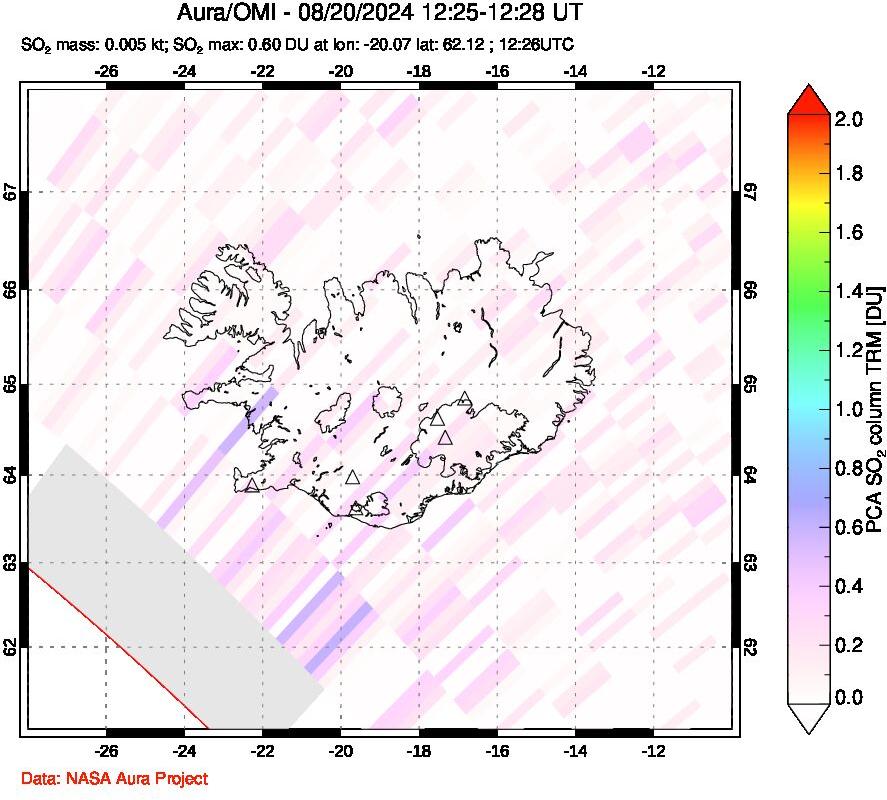 A sulfur dioxide image over Iceland on Aug 20, 2024.