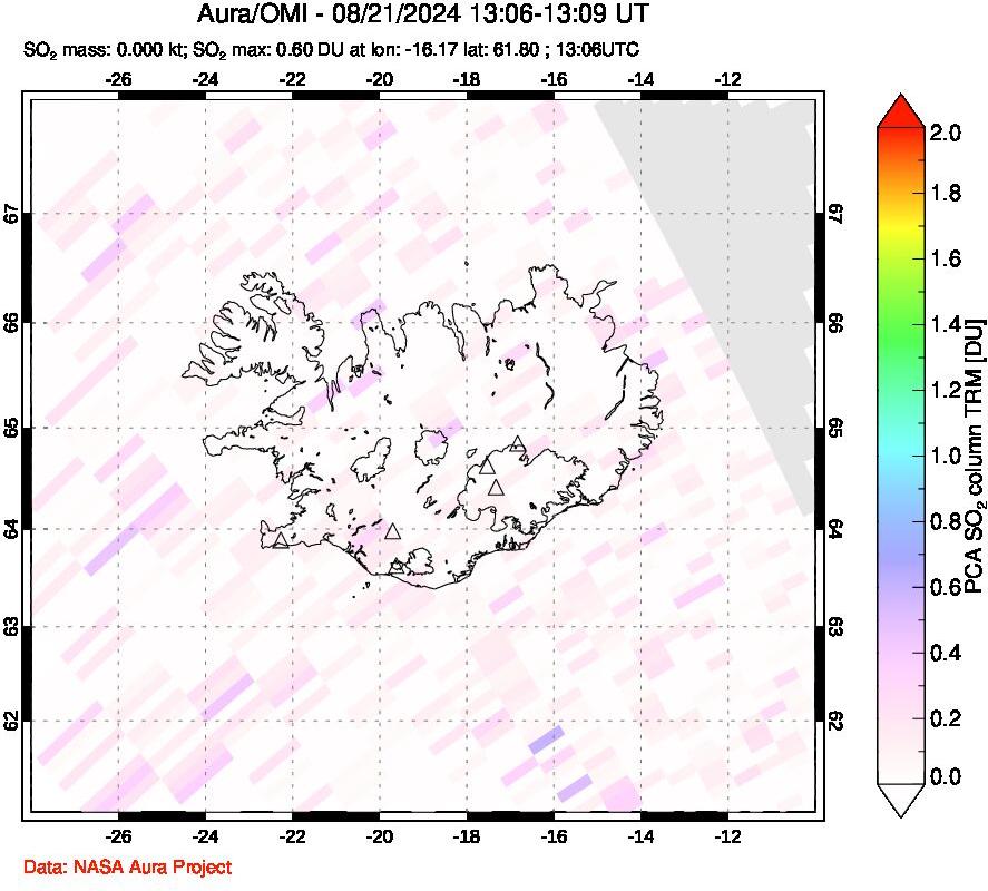 A sulfur dioxide image over Iceland on Aug 21, 2024.