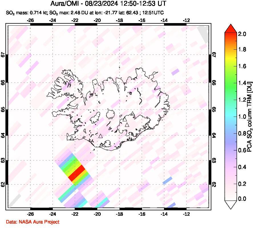 A sulfur dioxide image over Iceland on Aug 23, 2024.