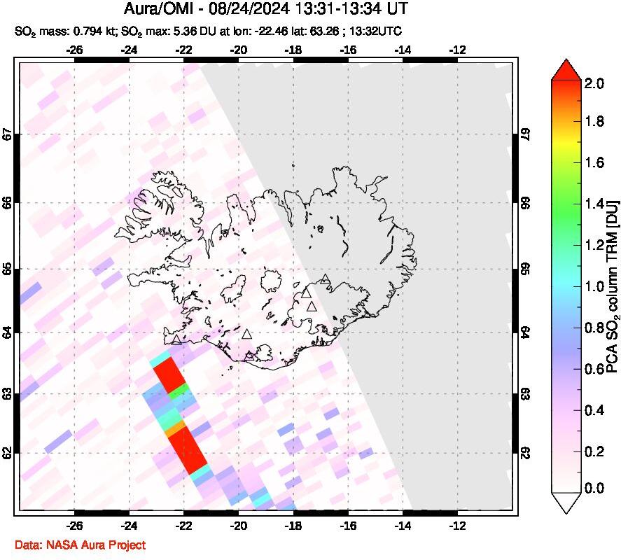 A sulfur dioxide image over Iceland on Aug 24, 2024.