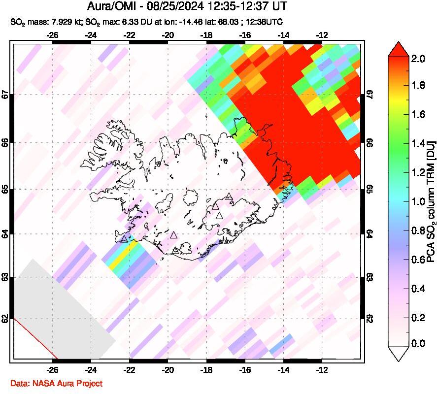 A sulfur dioxide image over Iceland on Aug 25, 2024.