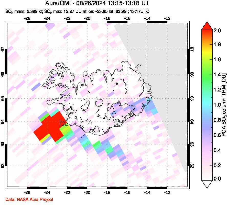 A sulfur dioxide image over Iceland on Aug 26, 2024.