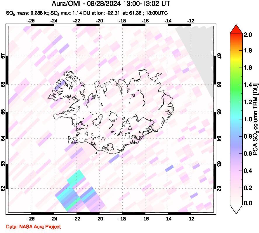 A sulfur dioxide image over Iceland on Aug 28, 2024.