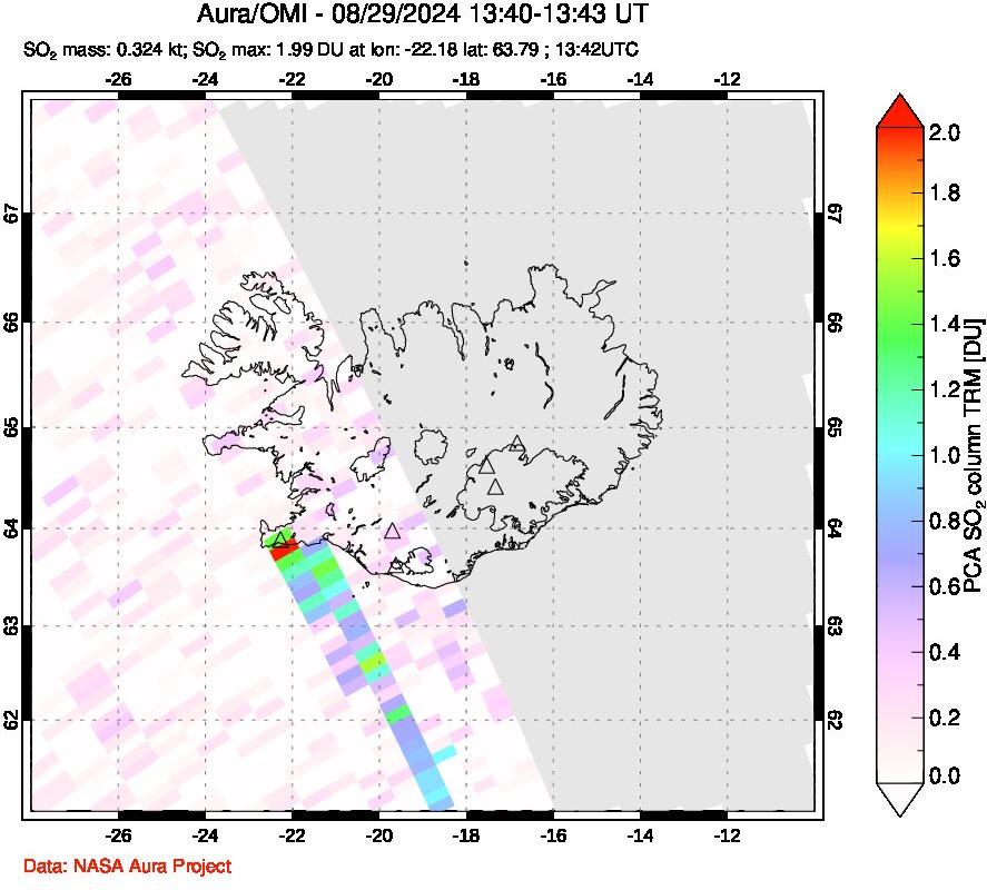 A sulfur dioxide image over Iceland on Aug 29, 2024.