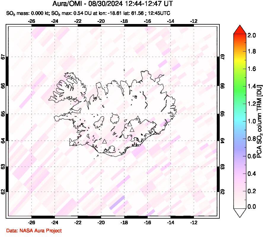 A sulfur dioxide image over Iceland on Aug 30, 2024.