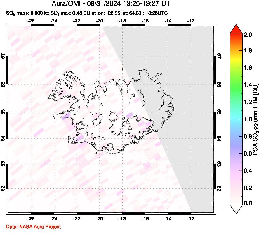 A sulfur dioxide image over Iceland on Aug 31, 2024.