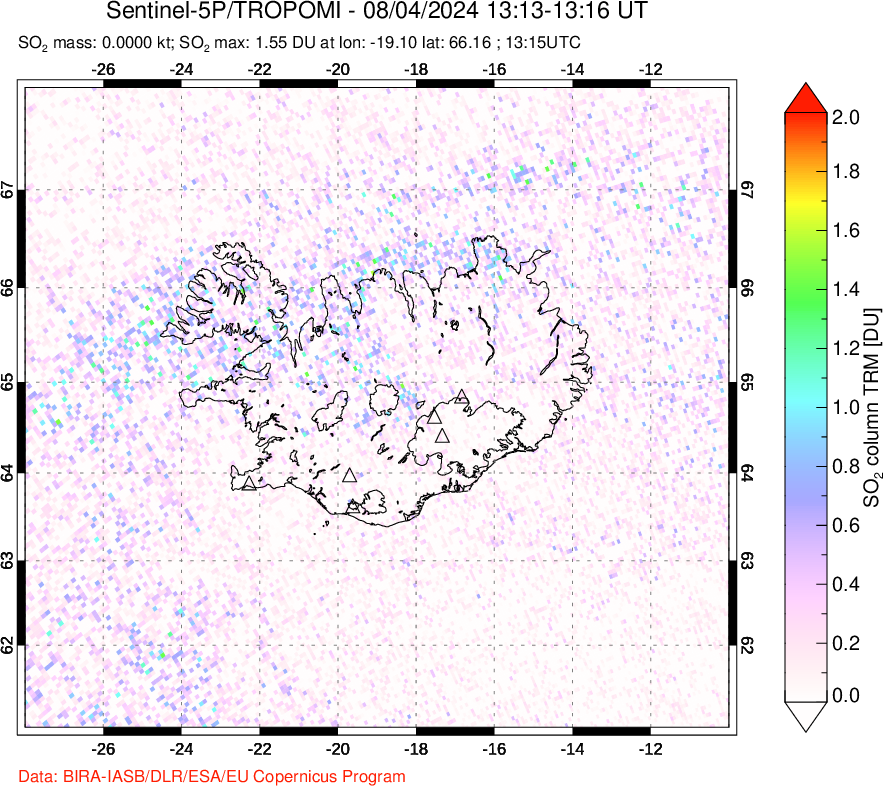 A sulfur dioxide image over Iceland on Aug 04, 2024.