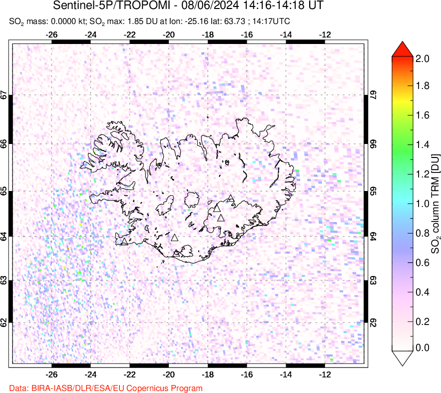 A sulfur dioxide image over Iceland on Aug 06, 2024.