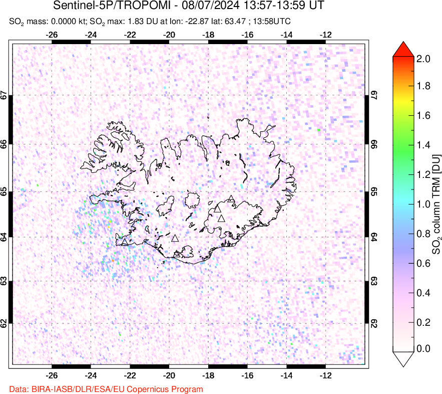 A sulfur dioxide image over Iceland on Aug 07, 2024.