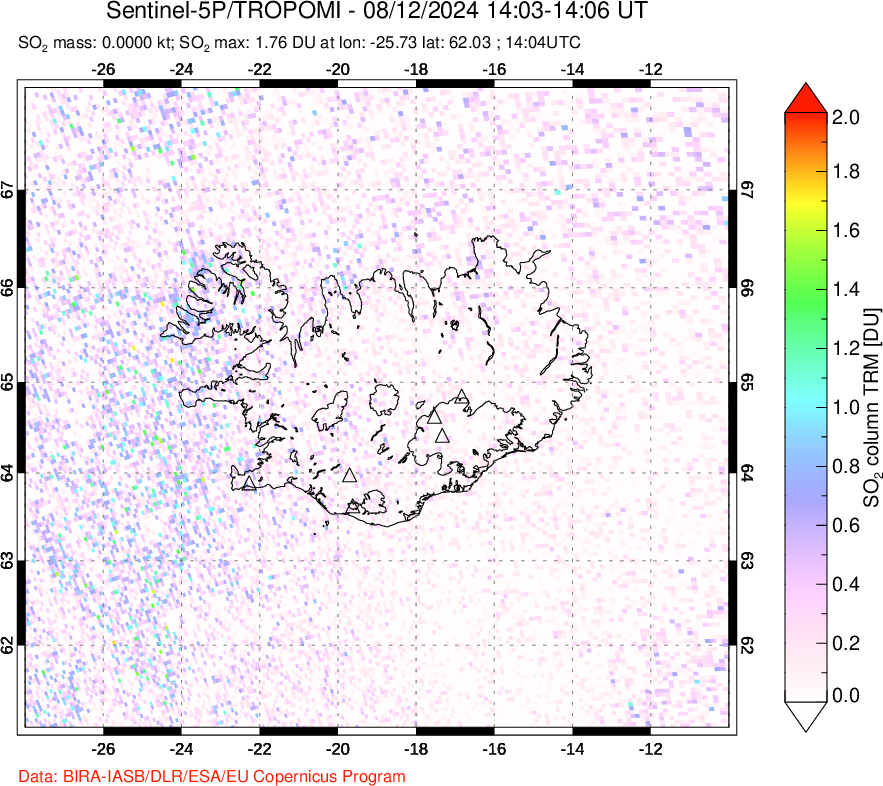 A sulfur dioxide image over Iceland on Aug 12, 2024.