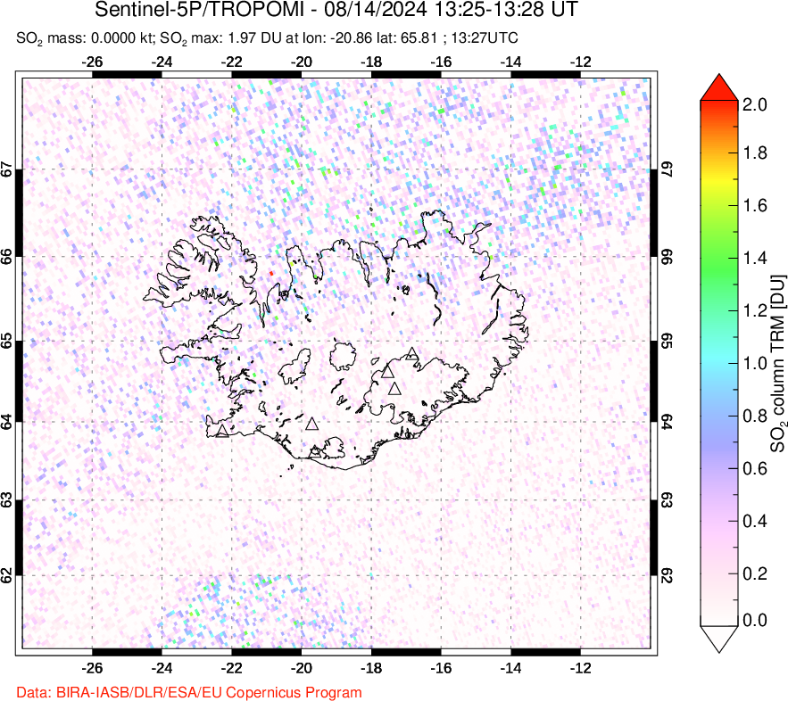 A sulfur dioxide image over Iceland on Aug 14, 2024.