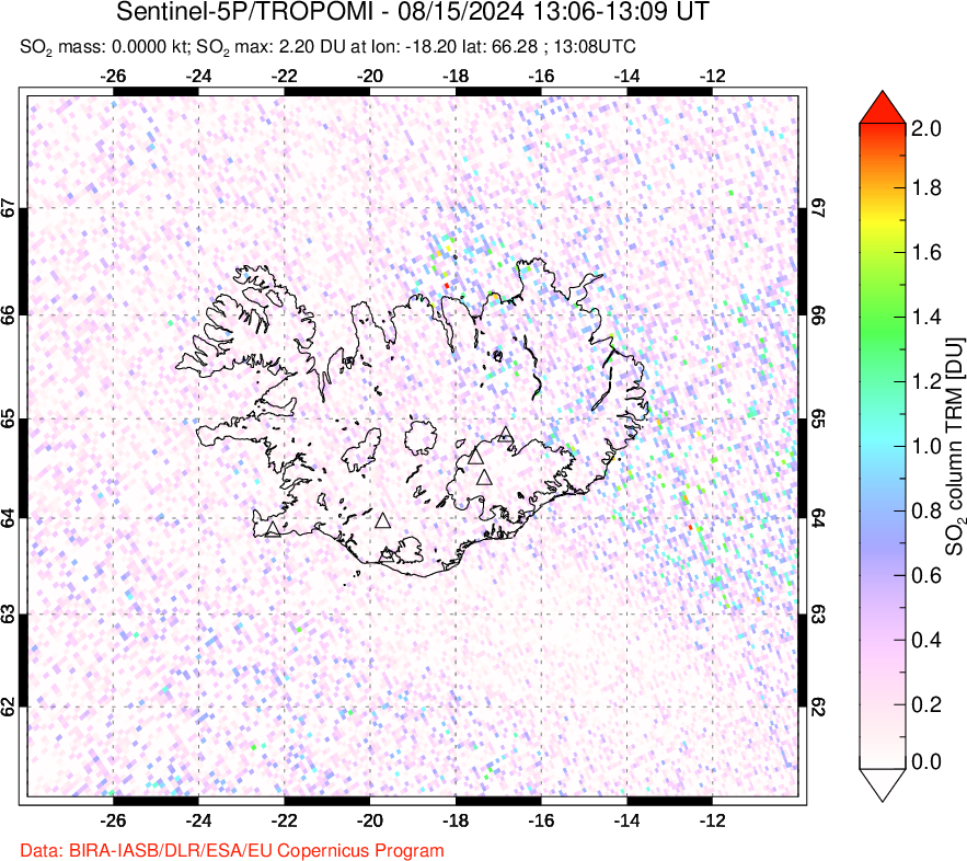 A sulfur dioxide image over Iceland on Aug 15, 2024.