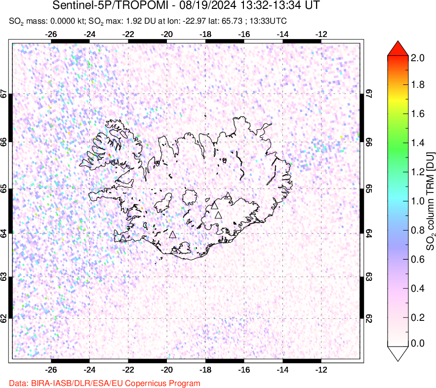 A sulfur dioxide image over Iceland on Aug 19, 2024.