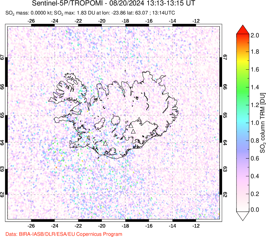 A sulfur dioxide image over Iceland on Aug 20, 2024.