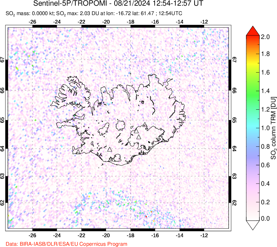 A sulfur dioxide image over Iceland on Aug 21, 2024.